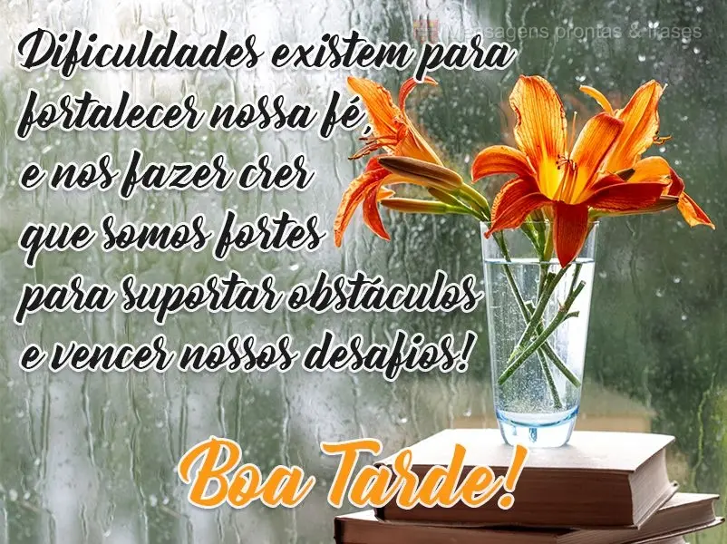 Dificuldades existem para fortalecer nossa fé e nos fazer crer que somos fortes para suportar obstáculos e vencer nossos desafios!  Boa Tarde!