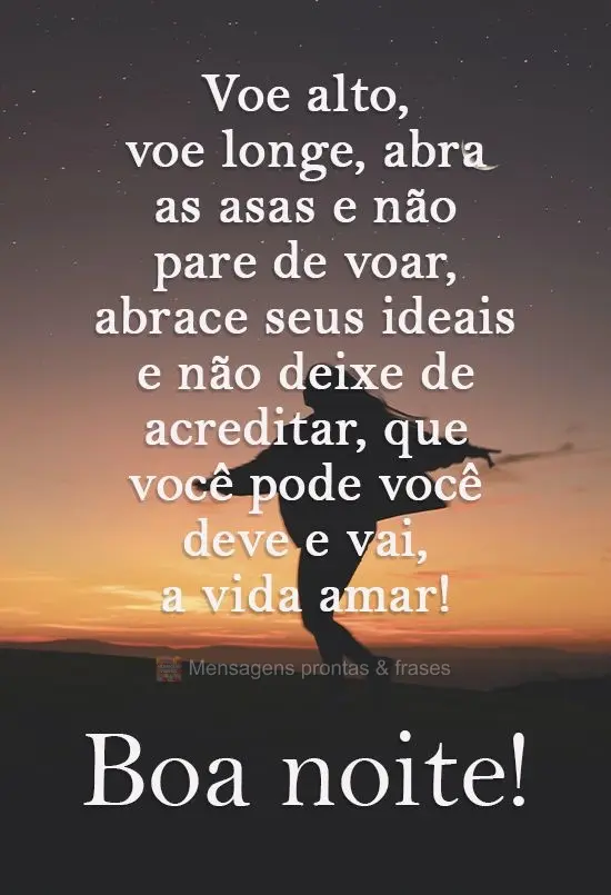 Voe alto, voe longe. Abra as asas e não pare de voar, abrace seus ideais e não pare de acreditar que você pode, você deve e vai a vida amar! 
 Boa n...