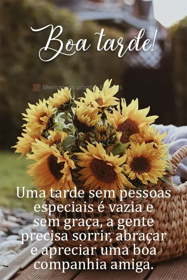 Uma tarde sem pessoas especiais é vazia e sem graça. A gente precisa sorrir, abraçar e apreciar uma boa companhia amiga.  Boa tarde!