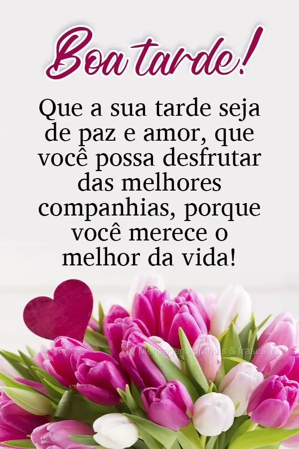 Que a sua tarde seja de paz e amor. Que você possa desfrutar das melhores companhias, porque você merece o melhor da vida! Boa tarde! 
