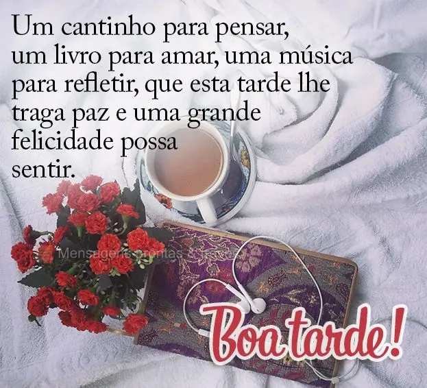 Um cantinho para pensar, um livro para amar, uma música para refletir. Que esta tarde lhe traga paz e uma grande felicidade possa sentir. Boa tarde!