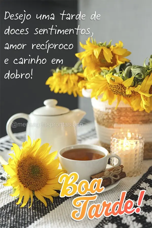 Desejo uma tarde de doces sentimentos, amor recíproco e carinho em dobro! Boa tarde!