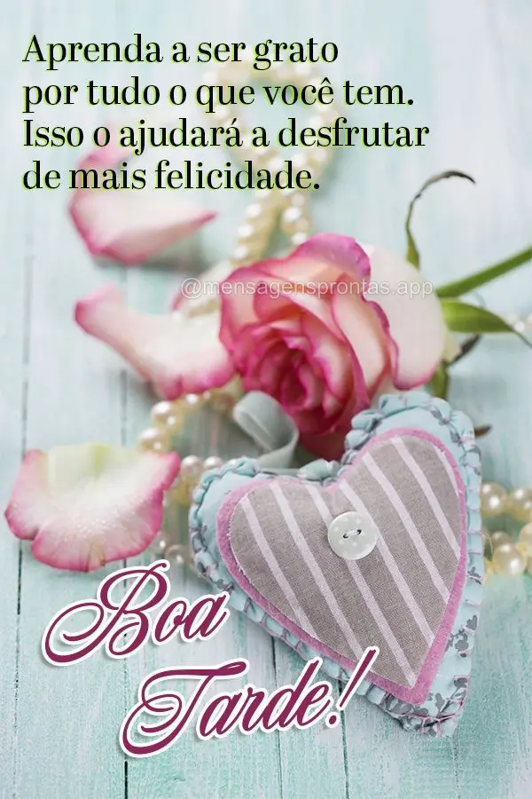 Aprenda a ser grato por tudo o que você tem. Isso o ajudará a desfrutar de mais felicidade. Boa tarde!