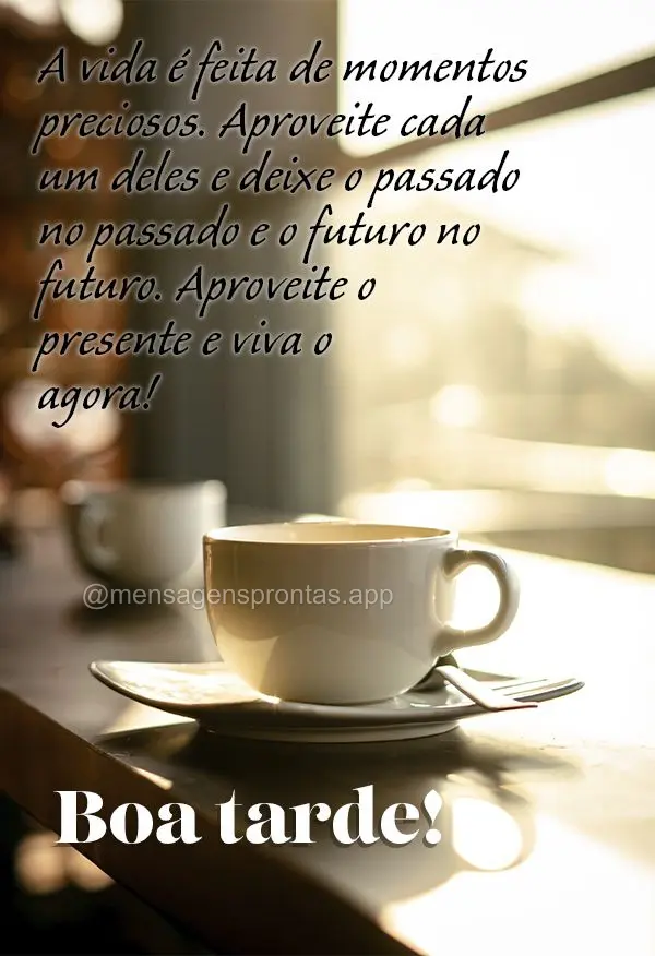 A vida é feita de momentos preciosos. Aproveite cada um deles e deixe o passado no passado e o futuro no futuro. Aproveite o presente e viva o agora! Bo...