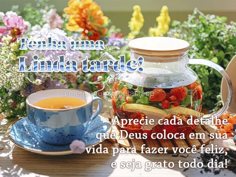 Aprecie cada detalhe que Deus coloca em sua vida para fazer você feliz, e seja grato todo dia! Tenha uma Linda tarde! 