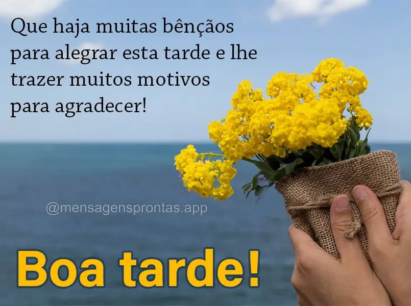 Que haja muitas bênçãos para alegrar esta tarde e lhe trazer muitos motivos para agradecer!  Boa tarde!