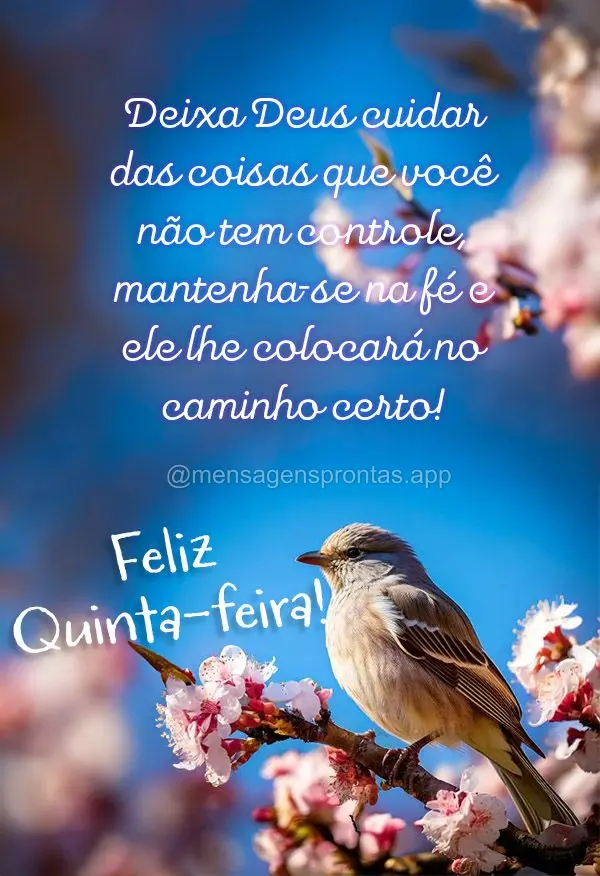 Deixa Deus cuidar das coisas que você não tem controle, mantenha-se na fé e ele lhe colocará no caminho certo! Feliz Quinta-feira!