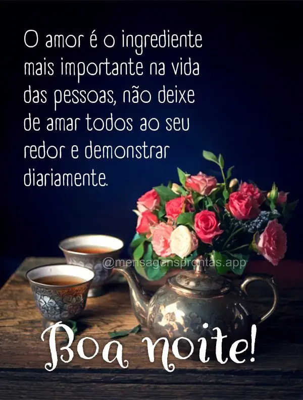 O amor é o ingrediente mais importante na vida das pessoas, não deixe de amar todos ao seu redor e demonstrar diariamente.  Boa noite!