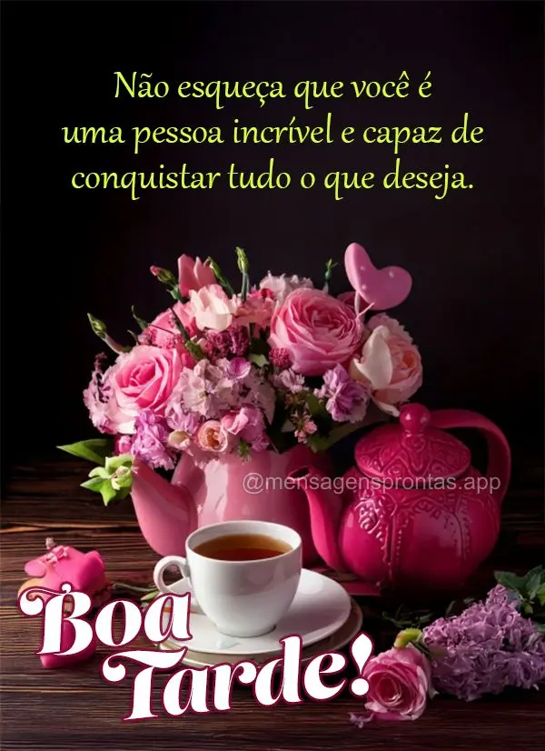 Não esqueça que você é uma pessoa incrível e capaz de conquistar tudo o que deseja. Boa tarde! 