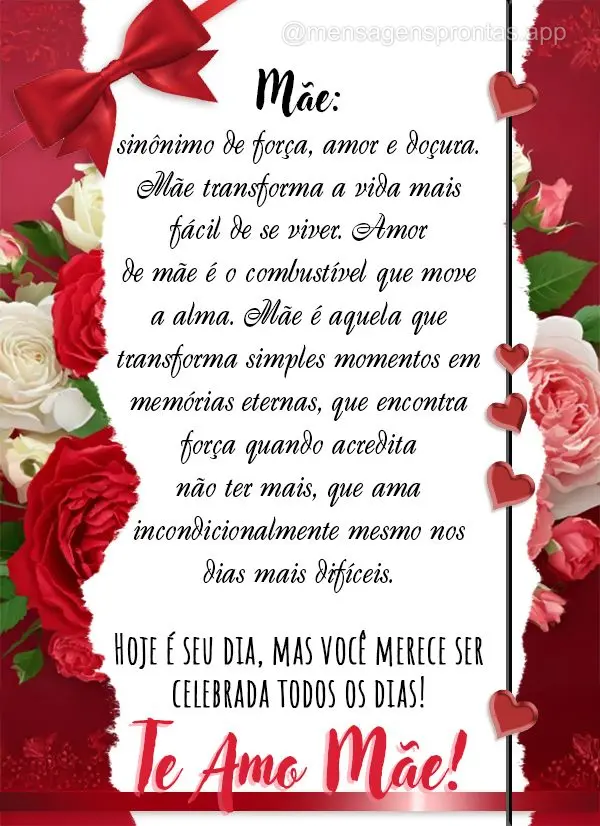 Mãe: sinônimo de força, amor e doçura. Mãe transforma a vida mais fácil de se viver. Amor de mãe é o combustível que move a alma. Mãe é aquela...