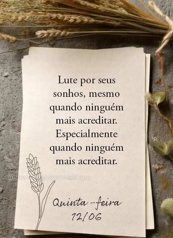 Lute por seus sonhos, mesmo quando ninguém mais acreditar. Especialmente quando ninguém mais acreditar. Quinta-feira 12/06