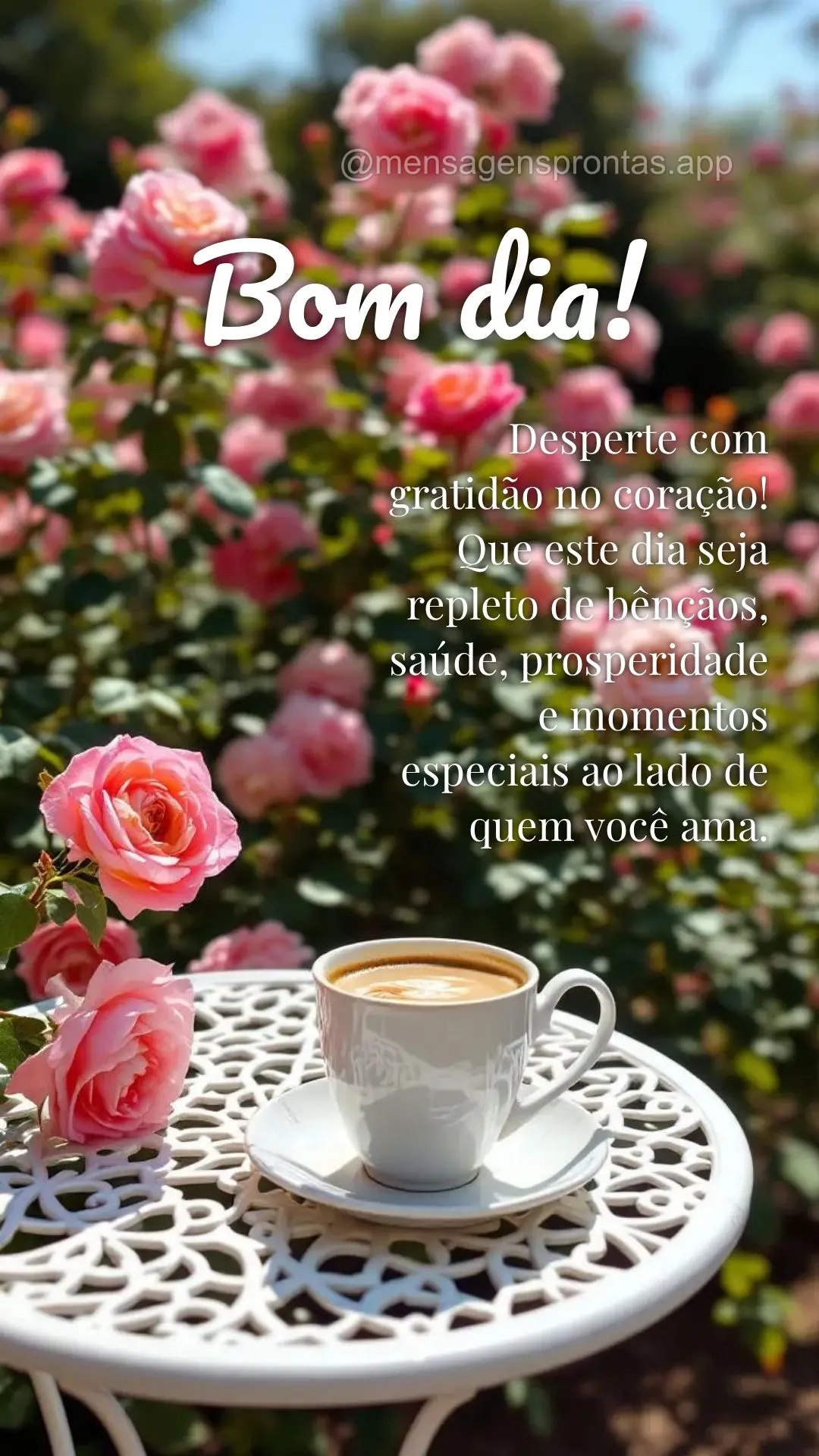 Desperte com gratidão no coração! Que este dia seja repleto de bênçãos, saúde, prosperidade e momentos especiais ao lado de quem você ama. Bom di...