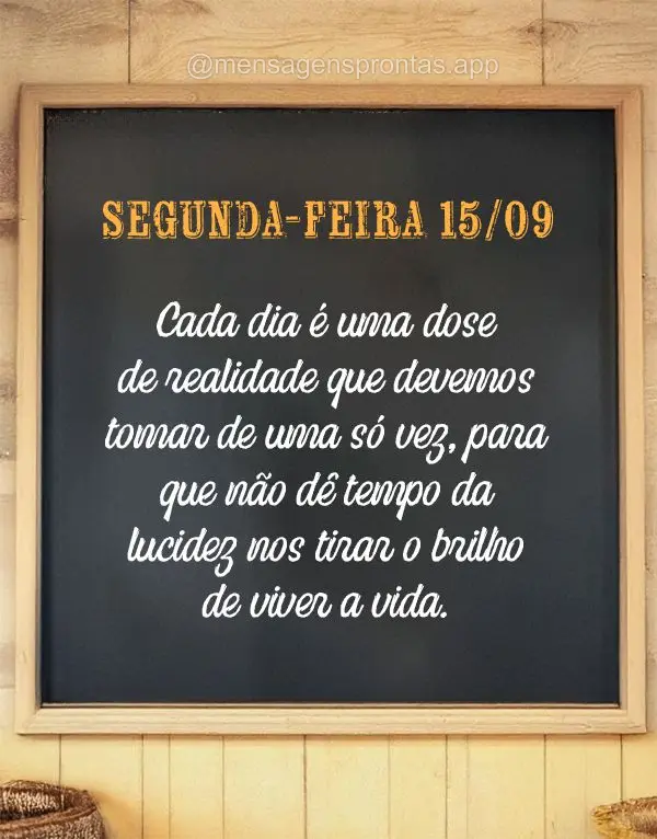 Cada dia é uma dose de realidade que devemos tomar de uma só vez, para que não dê tempo da lucidez nos tirar o brilho de viver a vida. Segunda-feira ...