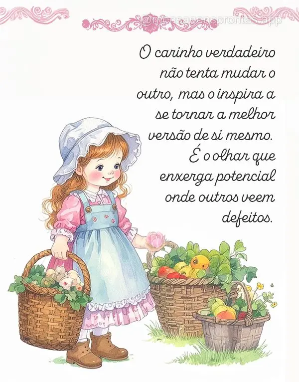 O carinho verdadeiro não tenta mudar o outro, mas o inspira a se tornar a melhor versão de si mesmo. É o olhar que enxerga potencial onde outros veem ...