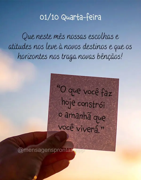 "O que você faz hoje constrói o amanhã que você viverá."
Que neste mês nossas escolhas e atitudes nos leve à novos destinos e que os horizontes n...