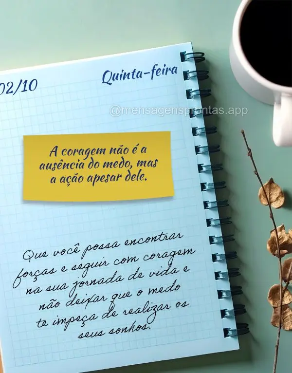 "A coragem não é a ausência do medo, mas a ação apesar dele."
Que você possa encontrar forças e seguir com coragem na sua jornada de vida e não ...