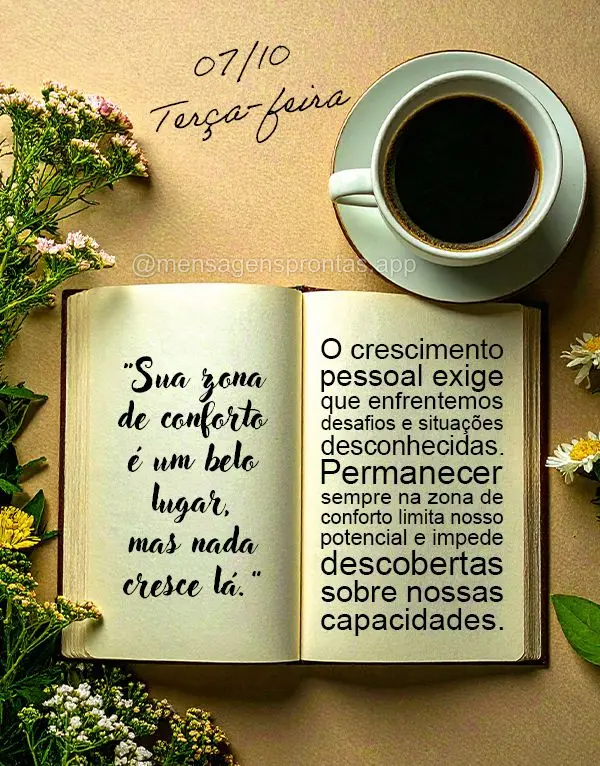 "Sua zona de conforto é um belo lugar, mas nada cresce lá."
O crescimento pessoal exige que enfrentemos desafios e situações desconhecidas. Permanec...