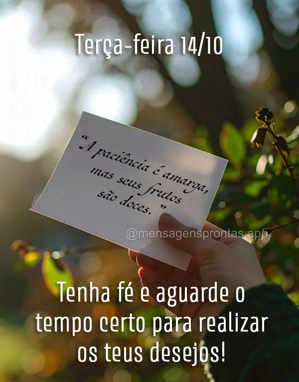 "A paciência é amarga, mas seus frutos são doces." Tenha fé e aguarde o tempo certo para realizar os teus desejos! 14/10 Terça-feira