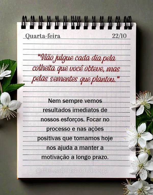 "Não julgue cada dia pela colheita que você obteve, mas pelas sementes que plantou."
Nem sempre vemos resultados imediatos de nossos esforços. Focar ...