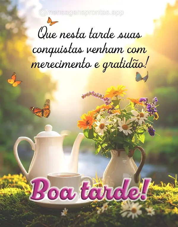 Que nesta tarde suas conquistas venham com merecimento e gratidão! Boa tarde!