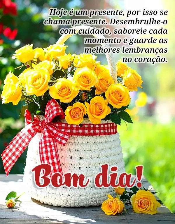 Hoje é um presente, por isso se chama presente. Desembrulhe-o com cuidado, saboreie cada momento e guarde as melhores lembranças no coração. Bom dia!...