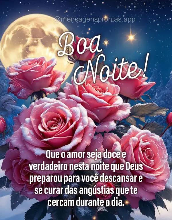 Que o amor seja doce e verdadeiro nesta noite que Deus preparou para você descansar e se curar das angústias que te cercam durante o dia.  Boa noite!...