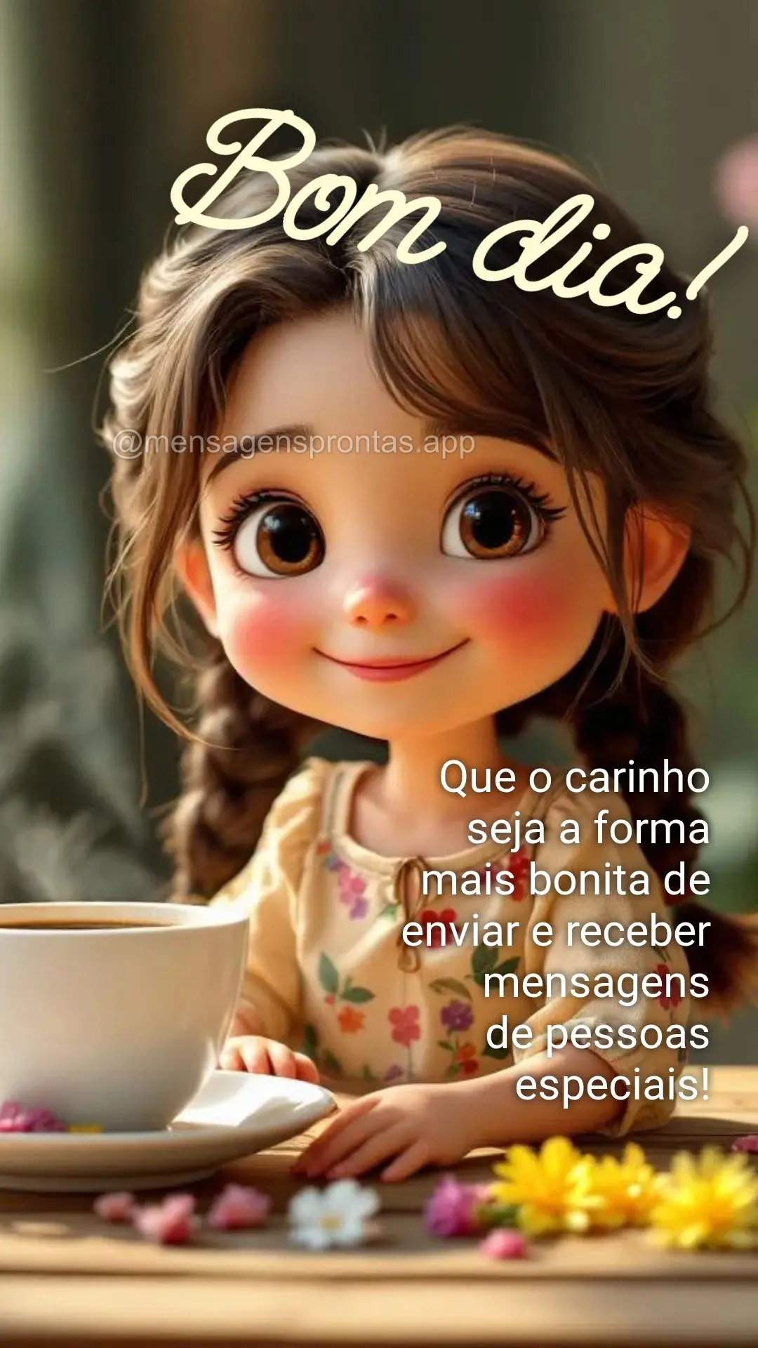 Que o carinho seja a forma mais bonita de enviar e receber mensagens 
de pessoas especiais! Bom dia!