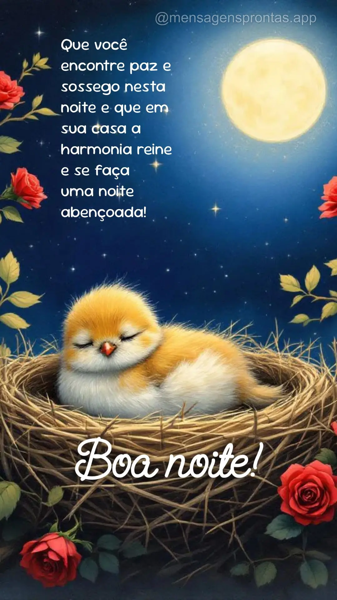 Que você encontre paz e sossego nesta noite e que em sua casa a harmonia reine e se faça 
uma noite abençoada! Boa noite!