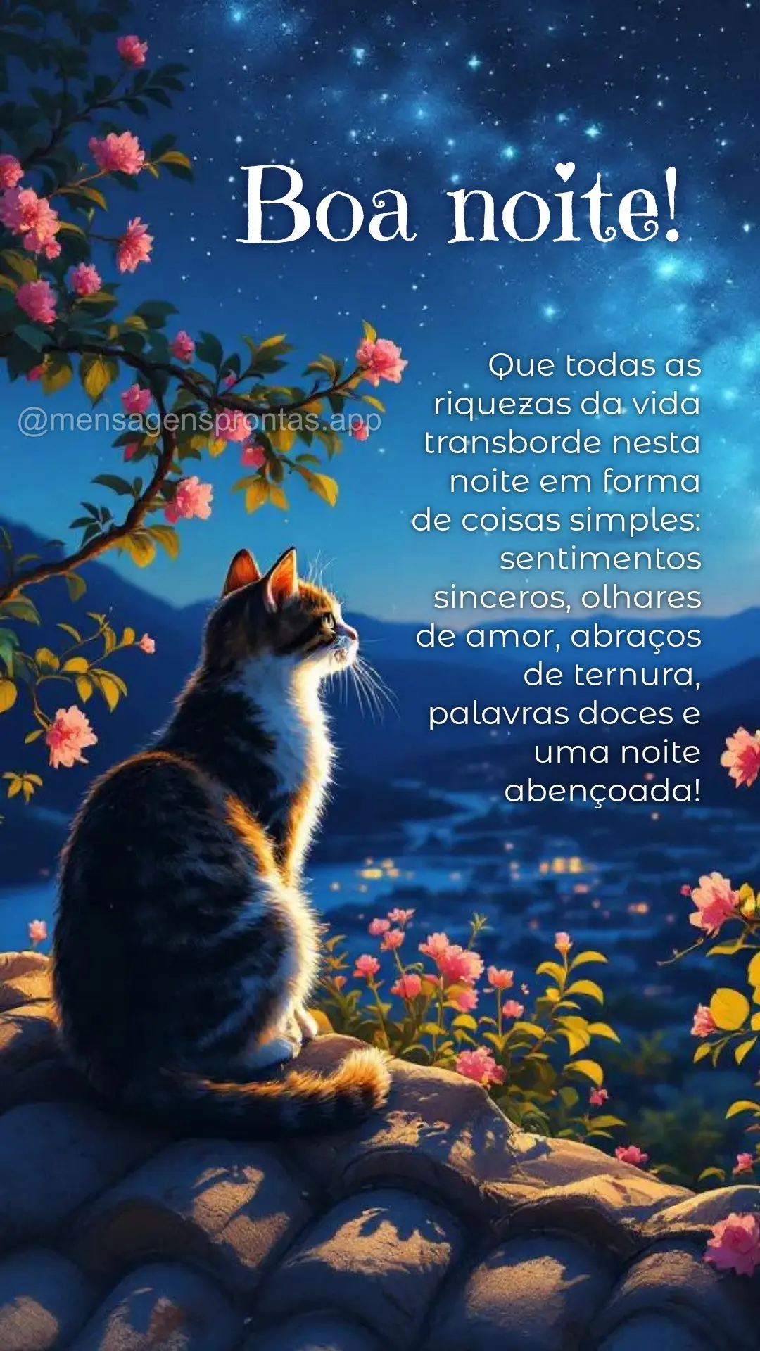 Que todas as riquezas da vida transborde nesta noite em forma de coisas simples: sentimentos sinceros, olhares de amor, abraços de ternura, palavras doc...