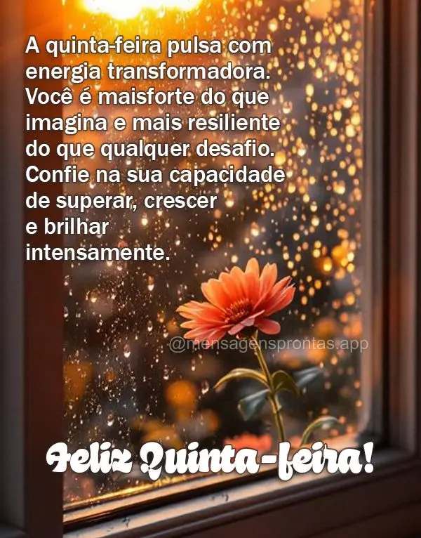 A quinta-feira pulsa com energia transformadora. Você é mais forte do que imagina e mais resiliente do que qualquer desafio. Confie na sua capacidade d...
