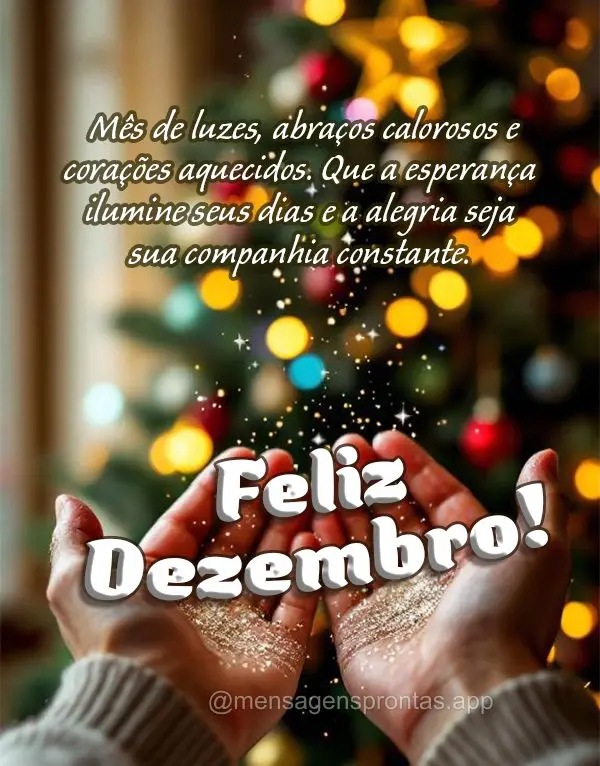 Mês de luzes, abraços calorosos e corações aquecidos. Que a esperança ilumine seus dias e a alegria seja sua companhia constante. Feliz Dezembro!