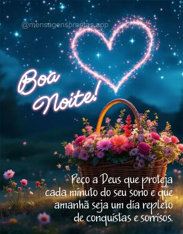 Peço a Deus que proteja cada minuto do seu sono e que amanhã seja um dia repleto de conquistas e sorrisos. Boa noite!